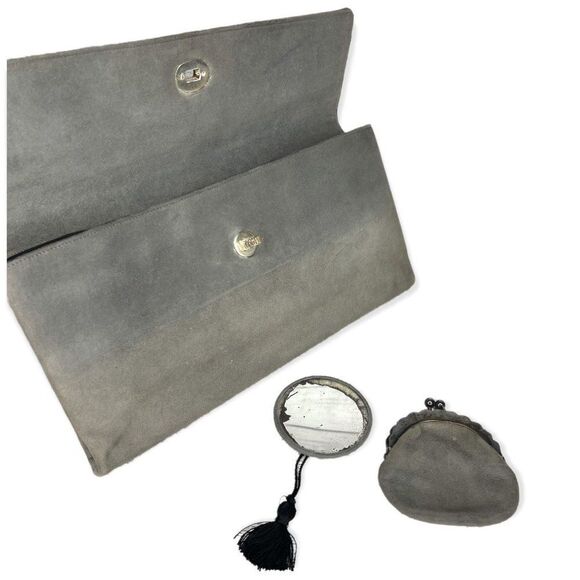 Pierre Balmain Gray Suede Vintage Clutch Bag With Coin Purse And Compact Mirror - Picture 2 of 13